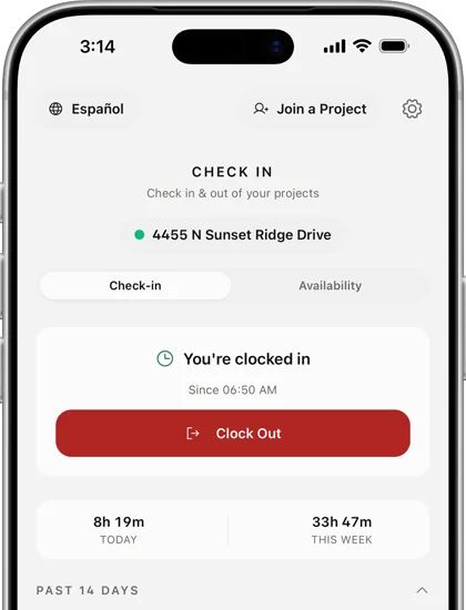 GroundUp Crew on iPhone — clocked in, one big button to clock out