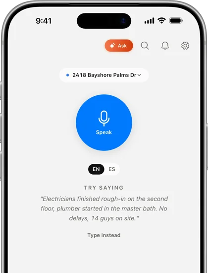 The voice log screen on iPhone — one big Speak button, English or Spanish